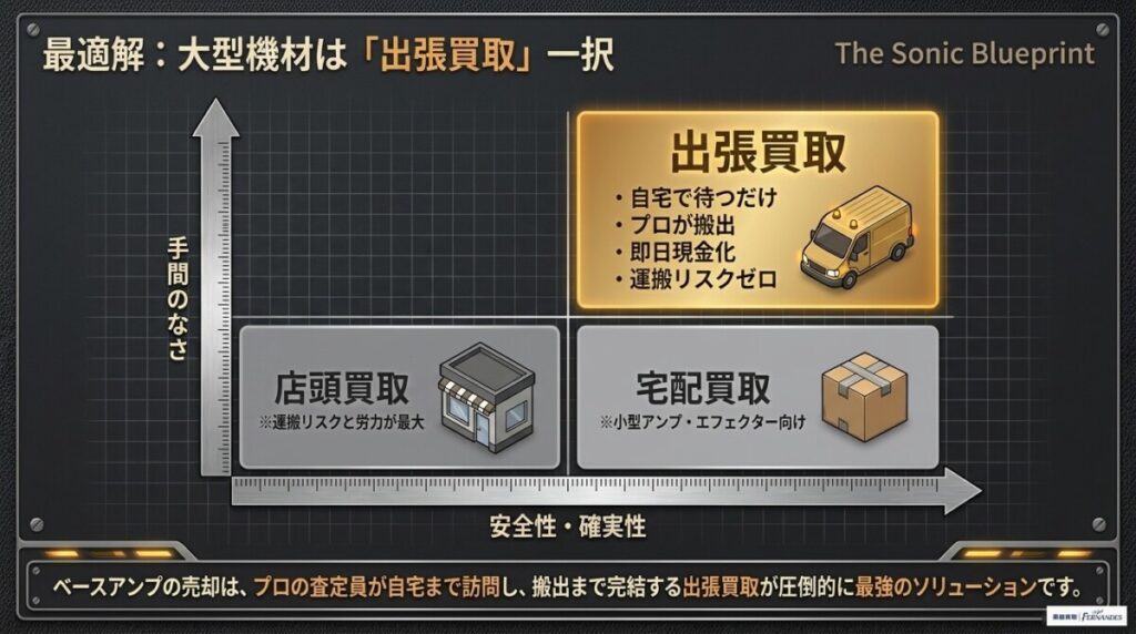 ベースアンプの買取方法は「出張買取」が最強な理由（出張・宅配・店頭の比較）