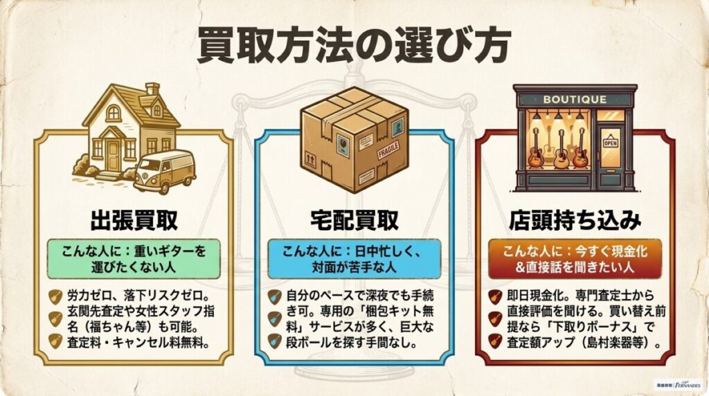 【基礎知識】出張・宅配・店頭買取のメリット・デメリット比較