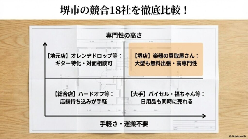 楽器の買取屋さん 大阪堺店と堺市の競合18社を徹底比較!出張買取や査定料の違い