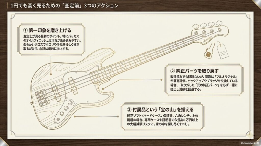 バッカスを1円でも高く売るための3つのコツと注意点の図解。