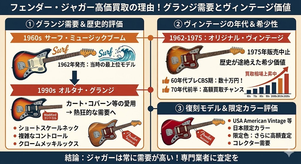 フェンダー・ジャガー高価買取の理由!グランジ需要とヴィンテージ価格の図解