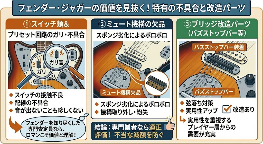 フェンダー・ジャガーの価値を見抜く!特有の不具合と改造パーツの図解