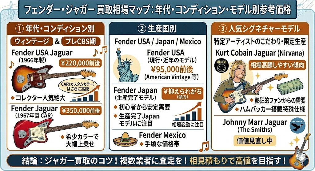 フェンダー・ジャガー買取相場マップ:年代コンディション・モデル別参考価格の図解