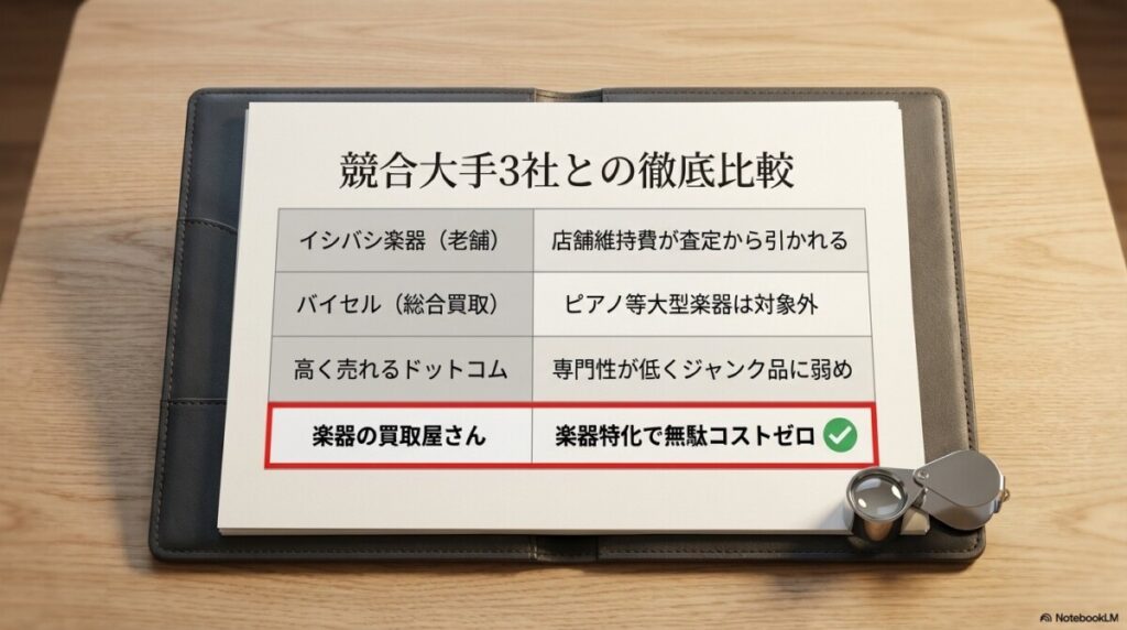 楽器の買取屋さん vs 競合大手3社（イシバシ楽器・バイセル等）を徹底比較
