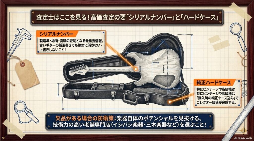シリアルナンバーや純正ハードケースの有無はギター買取査定にどう影響する？