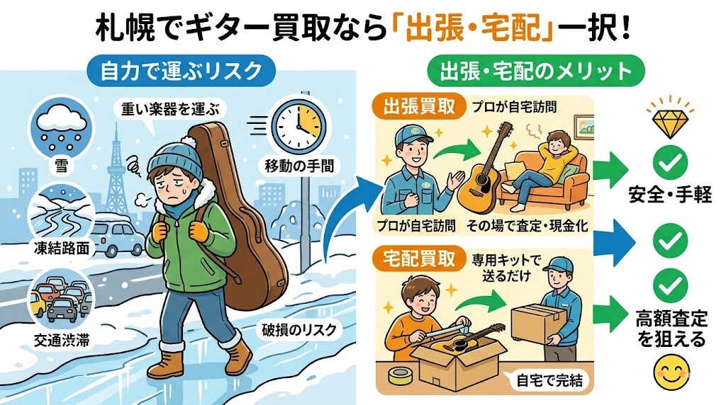 札幌でギター買取なら「出張・宅配」一択!楽して高く売れる理由をわかりやすく図解
