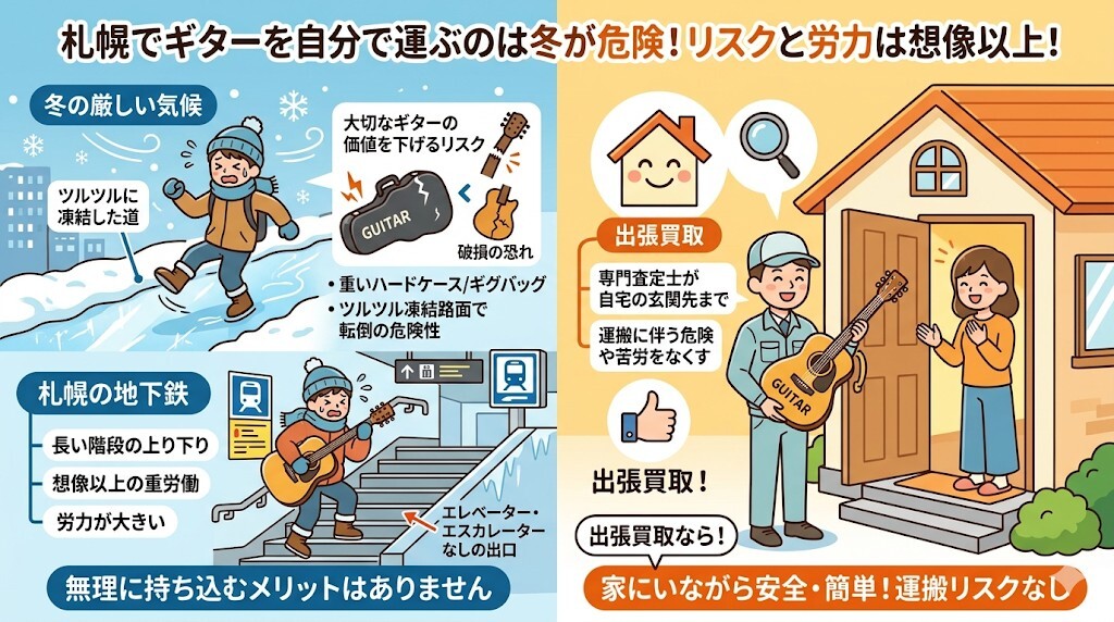 雪道や地下鉄での持ち運びはリスクと労力が大きすぎるをわかりやすく図解