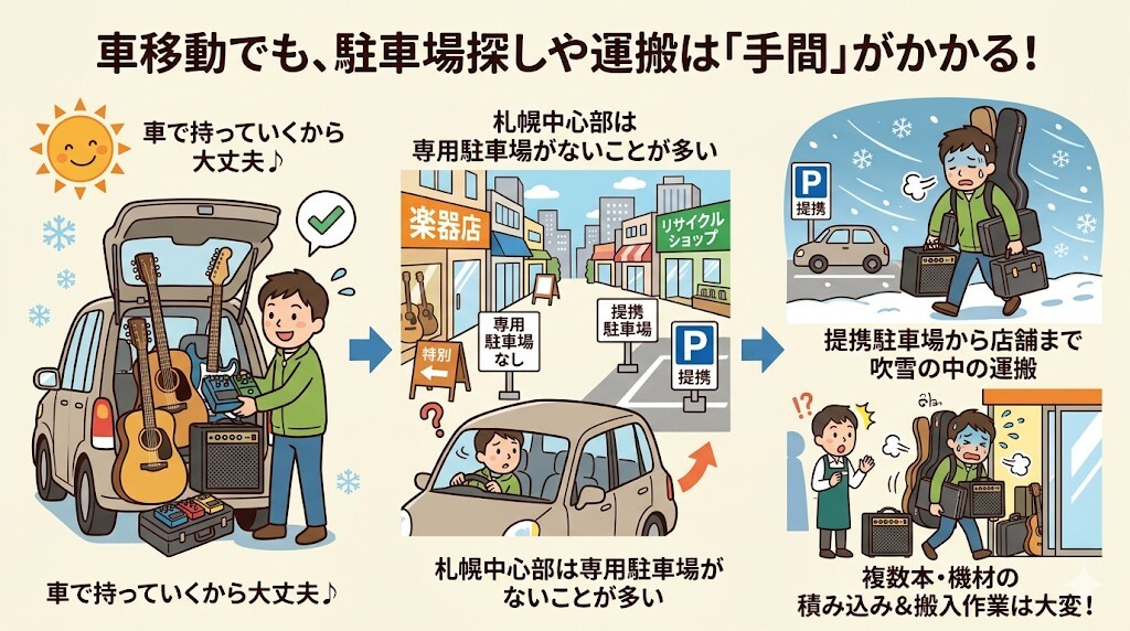 車移動でも駐車場探しや運搬の手間がかかるをわかりやすく図解