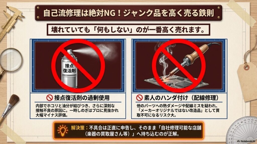 自己流の修理や接点復活剤はNG？ジャンク品ギターを高く売る秘訣