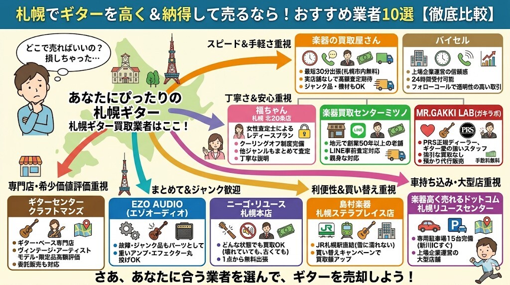札幌のギター買取おすすめ業者10選【徹底比較】をわかりやすく図解