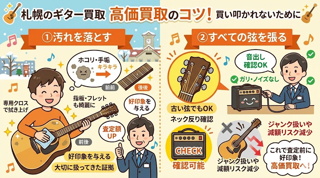 1. ギターの汚れを落とし、すべての弦を張った状態で査定に出すをわかりやすく図解