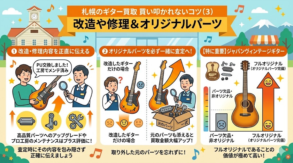 3. 改造や修理の履歴を正確に伝え、オリジナルパーツも添えるをわかりやすく図解