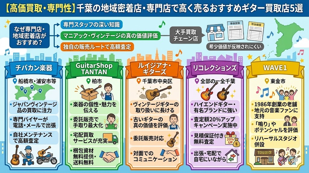 【高価買取・専門性】千葉の地域密着店・専門店で高く売るおすすめギター買取店5選をわかりやすく図解