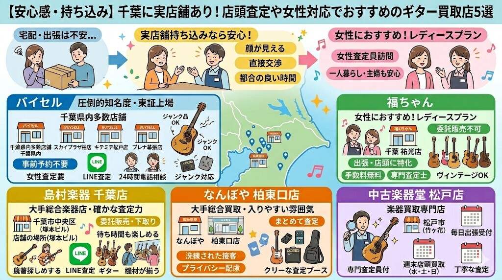 【安心感・持ち込み】千葉に実店舗あり!店頭査定や女性対応でおすすめのギター買取店5選をわかりやすく図解