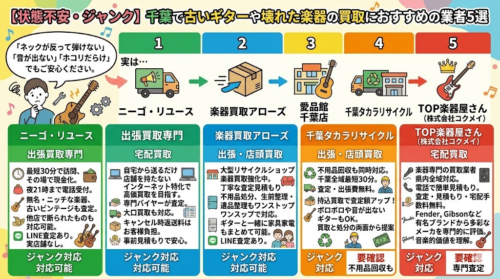 【状態不安・ジャンク】千葉で古いギターや壊れた楽器の買取におすすめの業者5選をわかりやすく図解