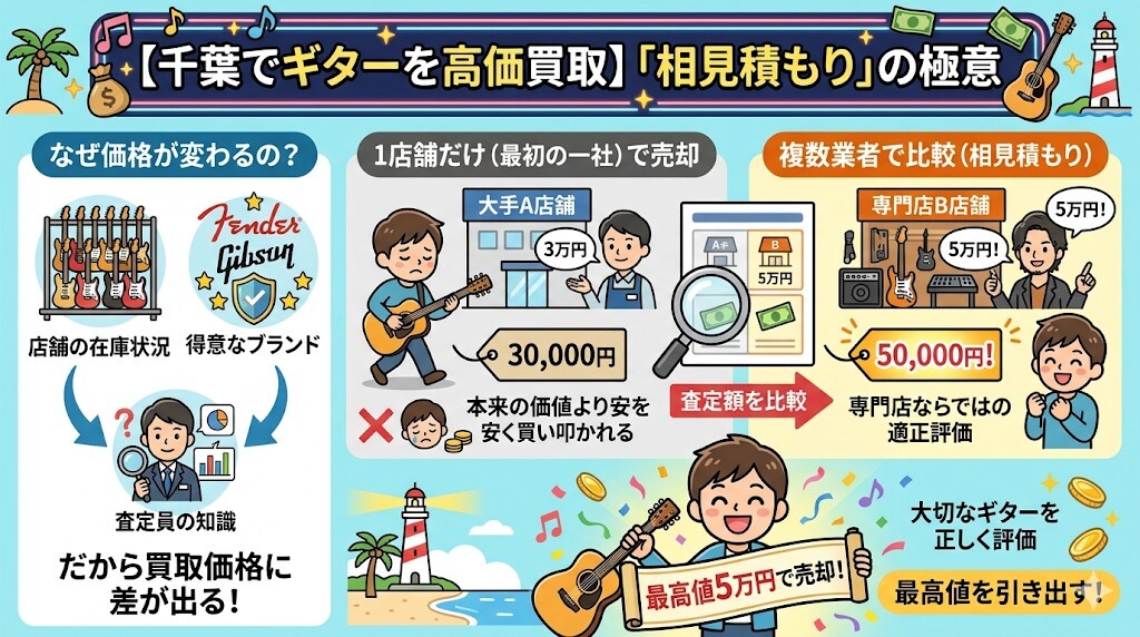 千葉でギターを高価買取してもらうための「相見積もり」の極意をわかりやすく図解