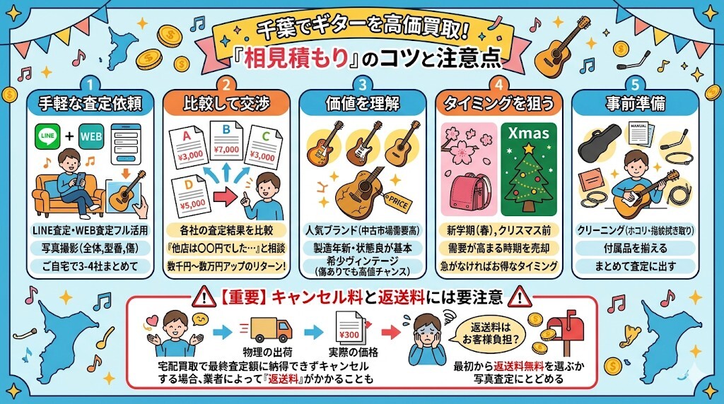 千葉でギターを高価買取してもらうための「相見積もり」の注意点をわかりやすく図解