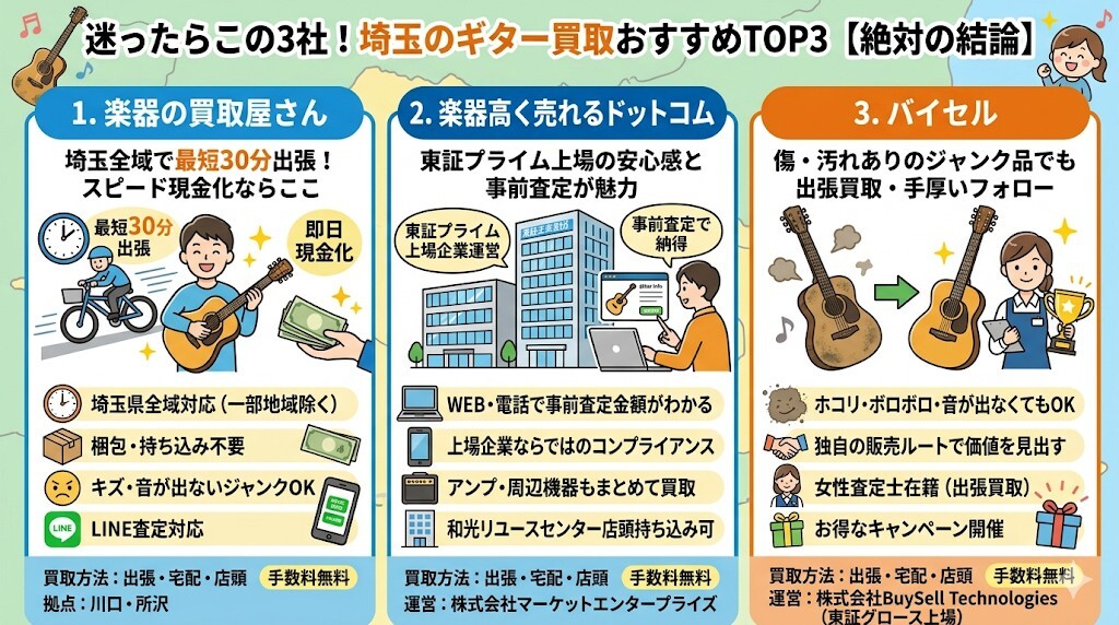 迷ったらこの3社!埼玉のギター買取おすすめTOP3【絶対の結論】をわかりやすく図解