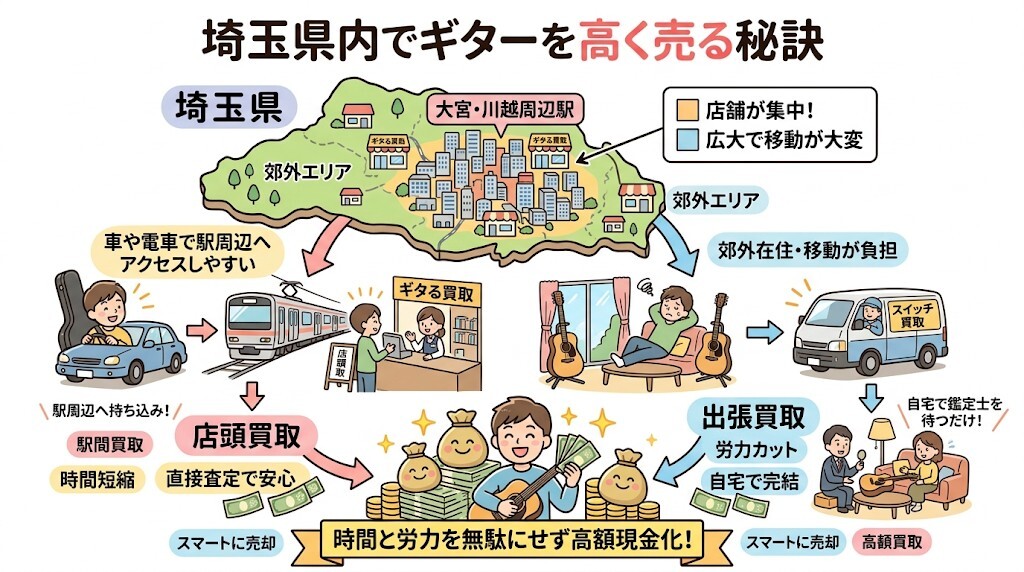 埼玉特有のリアルな提案:大宮・川越への持ち込み vs 車なし層への出張買取をわかりやすく図解