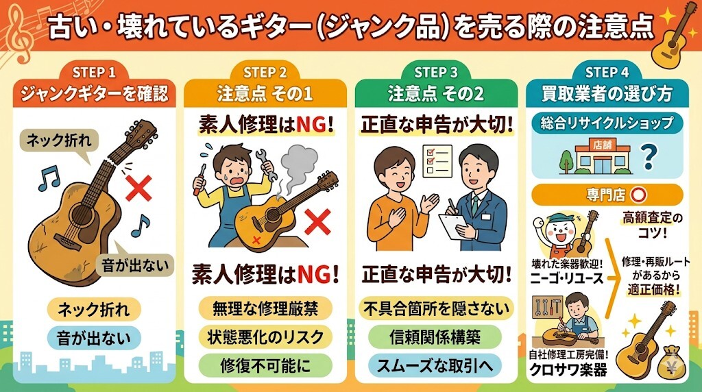 古い・壊れているギター(ジャンク品)を売る際の注意点をわかりやすく図解