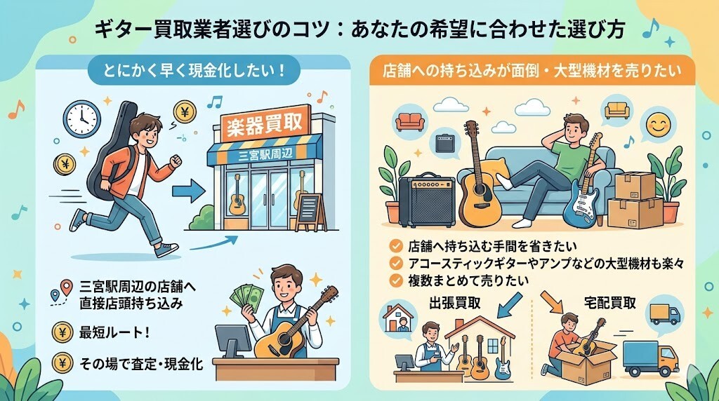 どのような条件でギターを売りたいかによって、選ぶべき買取業者が変わることをわかりやすく図解