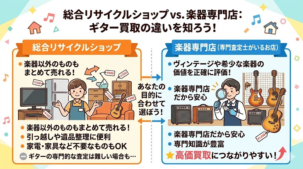 総合リサイクルショップと楽器専門の査定士が常駐する専門店の違いをわかりやすく図解