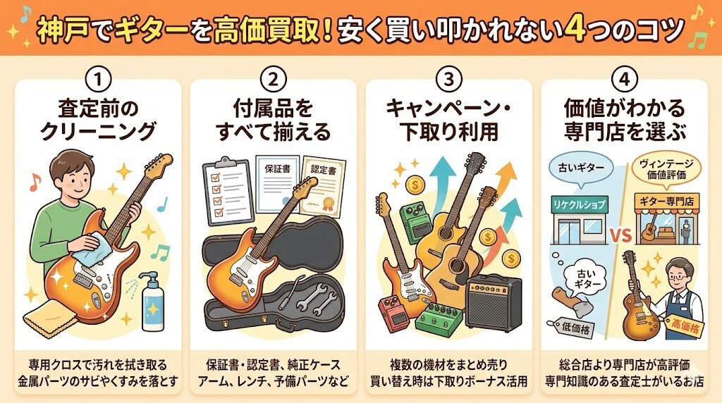 安く買い叩かれない!神戸でギターを高価買取してもらう4つのコツと相場をわかりやすく図解