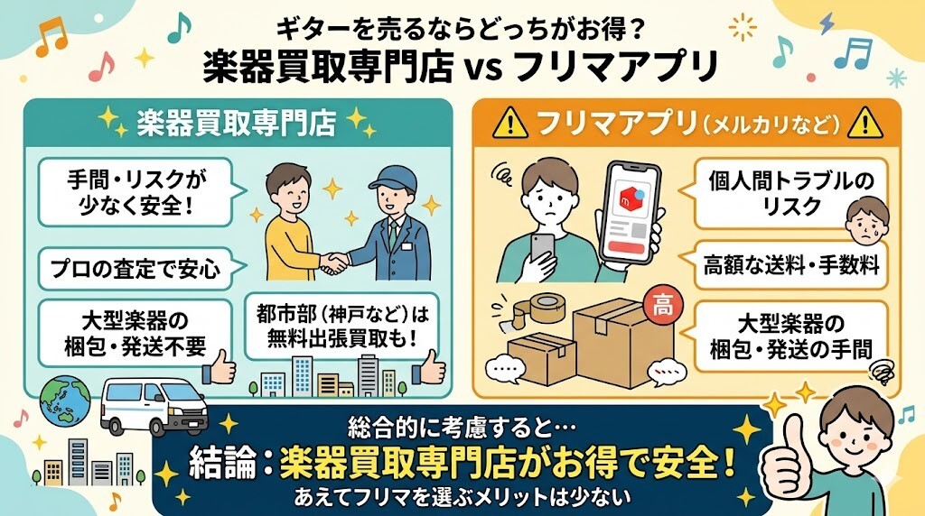 楽器買取店とフリマアプリ(メルカリ等)はどっちがお得?をわかりやすく図解