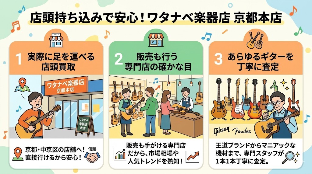 店頭持ち込みでの安心感・専門性なら「ワタナベ楽器店 京都本店」をわかりやすく図解