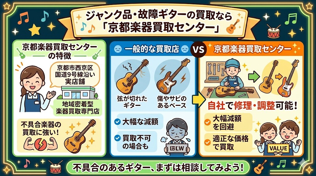 ジャンク品・故障ギターの買取なら「京都楽器買取センター」をわかりやすく図解
