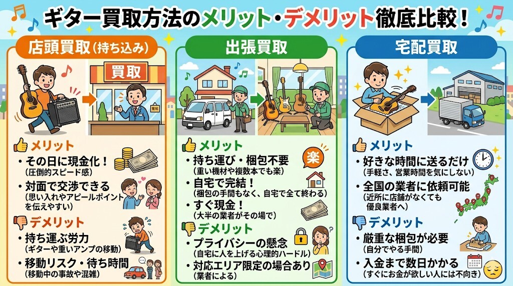 出張買取・宅配買取・店頭買取(持ち込み)のメリットとデメリットをわかりやすく図解