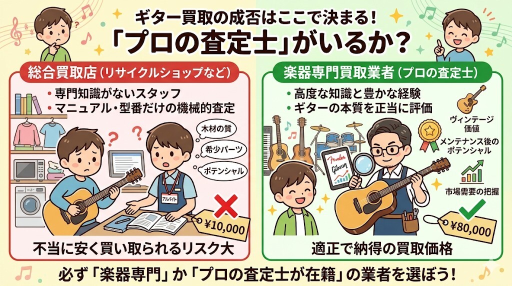 楽器の専門知識を持った査定士(プロ)が在籍しているかをわかりやすく図解