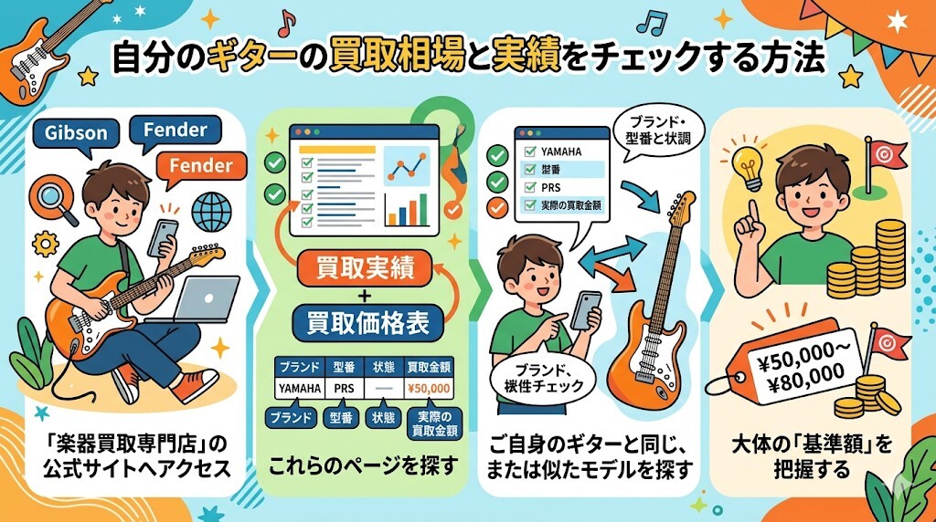 自分のギター(Gibson、Fender等)の買取相場と実績を把握するをわかりやすく図解