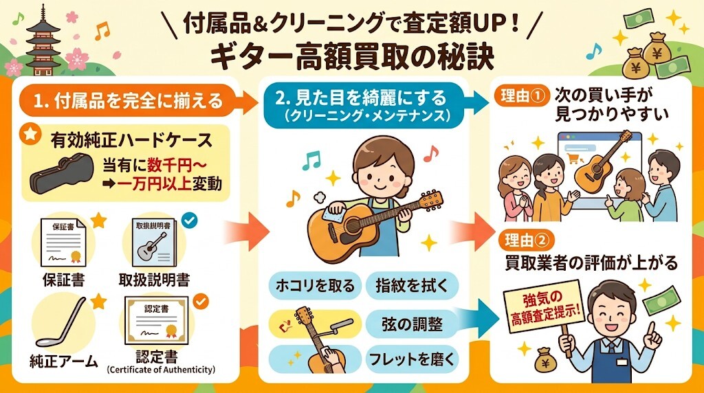 付属品(ケース、保証書)を揃えてクリーニング・メンテナンスするをわかりやすく図解