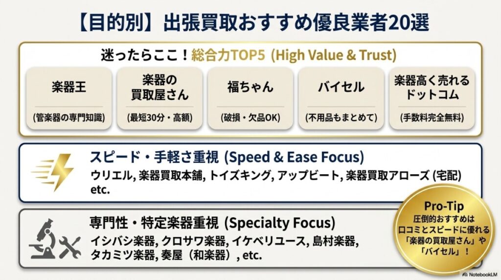 目的別の出張楽器買取おすすめ業者（全20社）を徹底比較！どこがいいか迷ったらココ 図解イラスト
