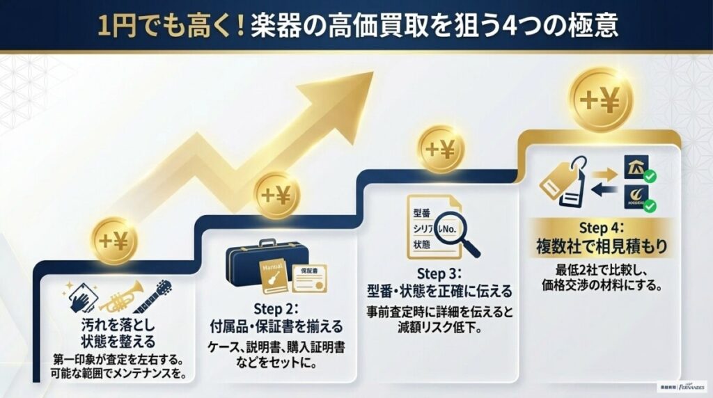 出張での楽器買取で1円でも高く売るためのコツ！相見積もりやクーポンの活用法 図解イラスト