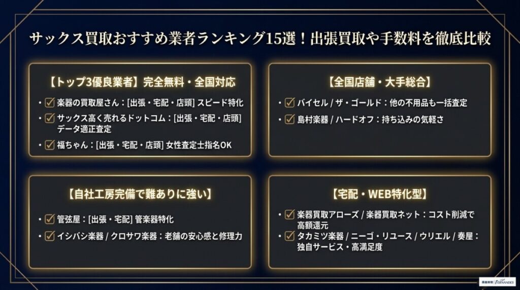 サックス買取おすすめ業者ランキング15選！出張買取や手数料を徹底比較 図解イラスト