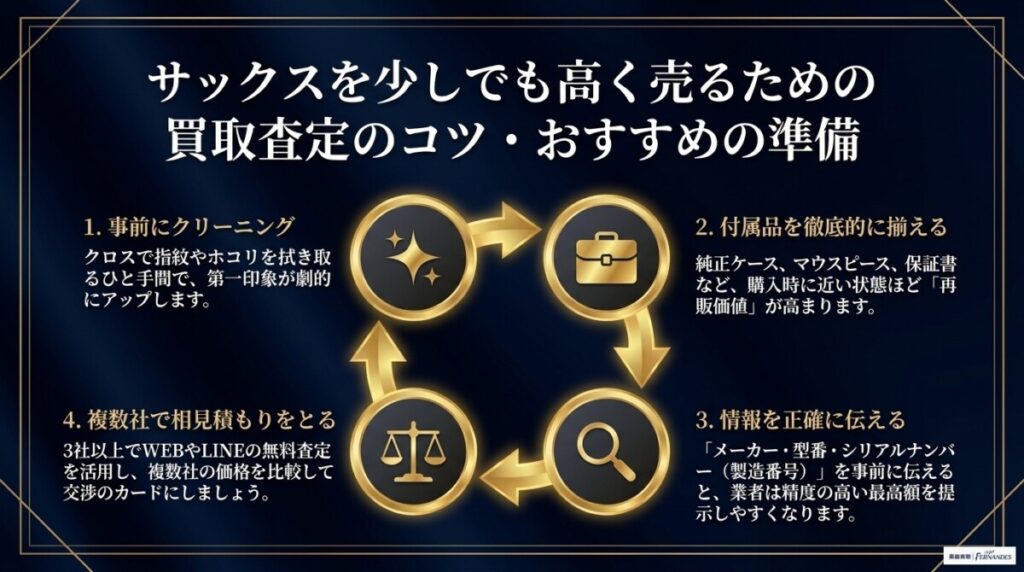 サックスを少しでも高く売るための買取査定のコツ・おすすめの準備 図解イラスト
