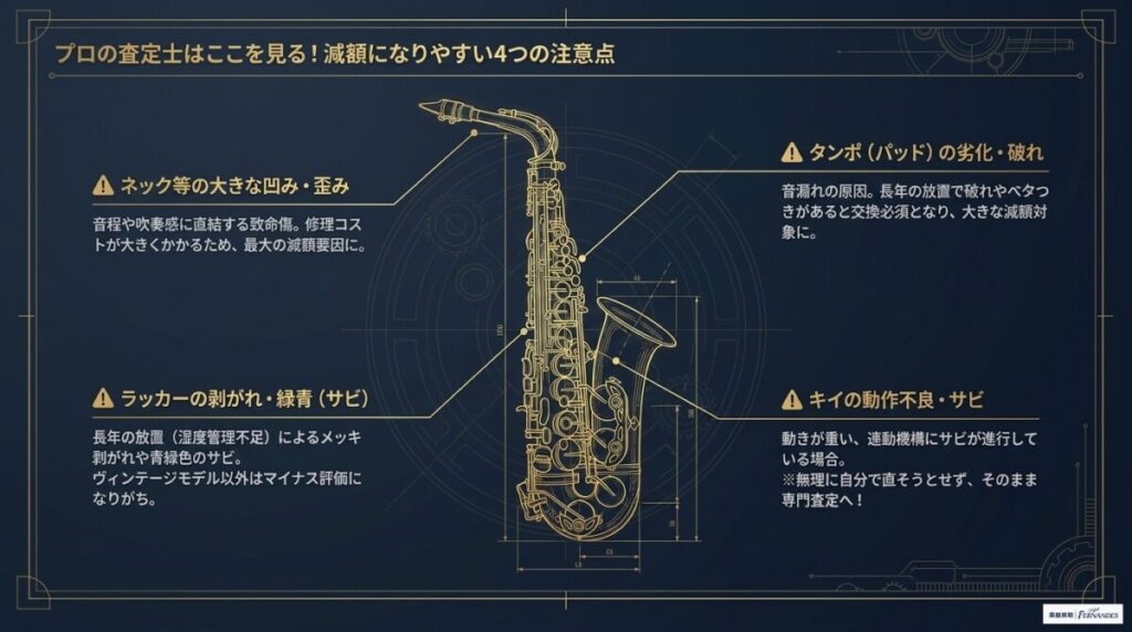 減額に注意！サックス買取で査定額が下がるポイント（タンポ・サビ等） 図解イラスト