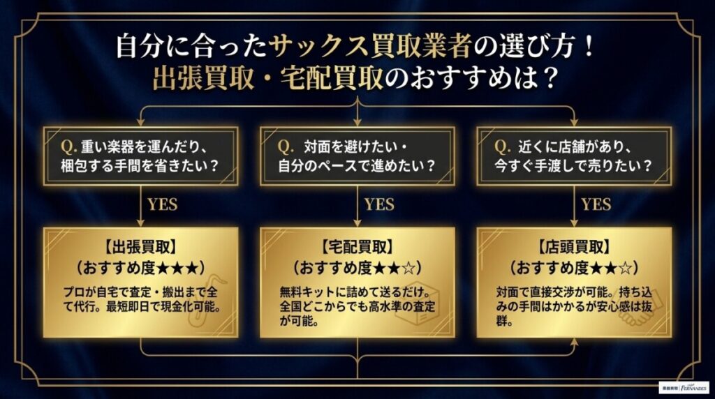 自分に合ったサックス買取業者の選び方！出張買取・宅配買取のおすすめは？ 図解イラスト
