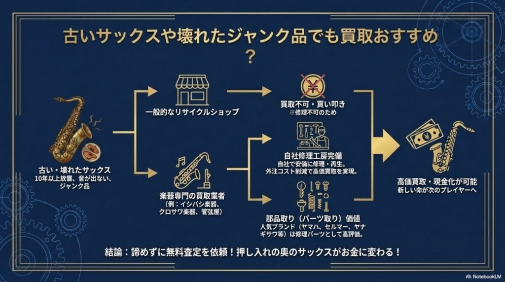 古いサックスや壊れたジャンク品でも買取おすすめ？（専門業者の修理工房の秘密） 図解イラスト