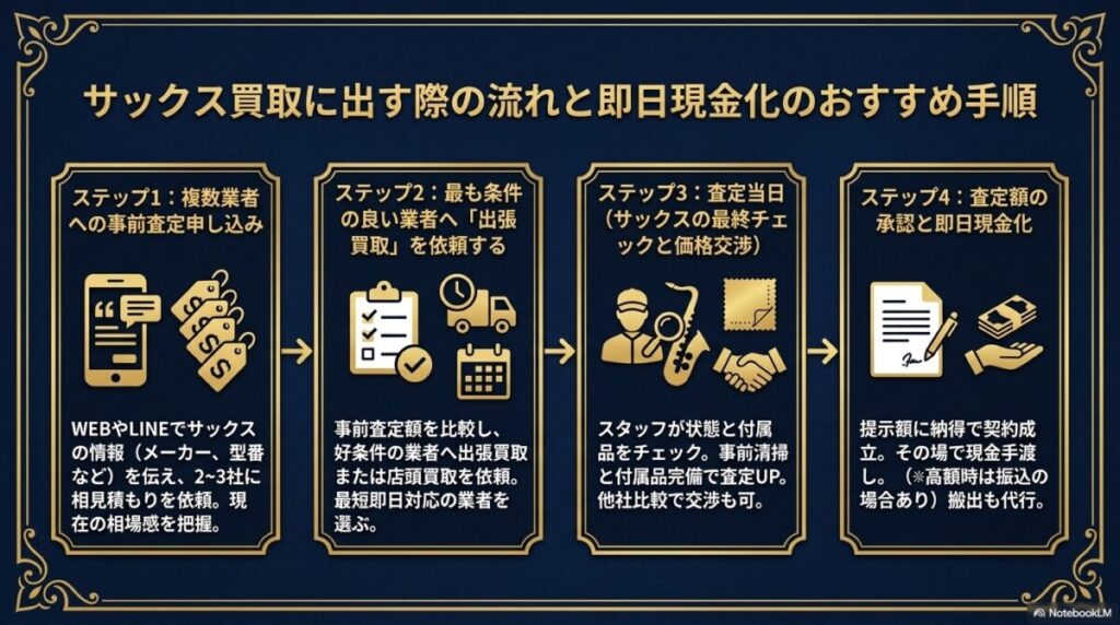 サックス買取に出す際の流れと即日現金化のおすすめ手順 図解イラスト