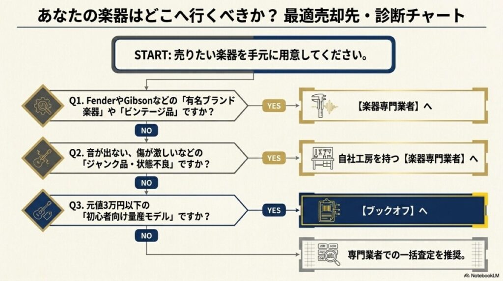 安すぎを回避！あなたの楽器の状態別・ジャンク品も含めた最適な売却先の仕分け術の図解
