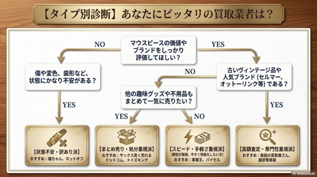 【タイプ別診断】あなたにふさわしいサックス・マウスピース買取業者はどこ? 図解イラスト