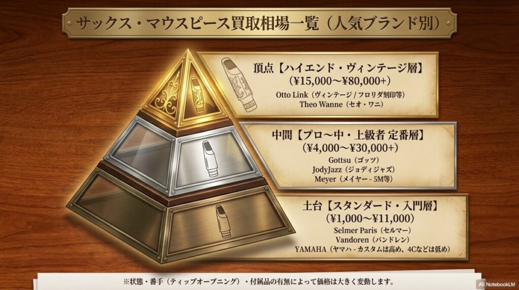 サックスのマウスピース買取相場一覧!人気ブランド(セルマー・メイヤーなど)はいくら? 図解イラスト