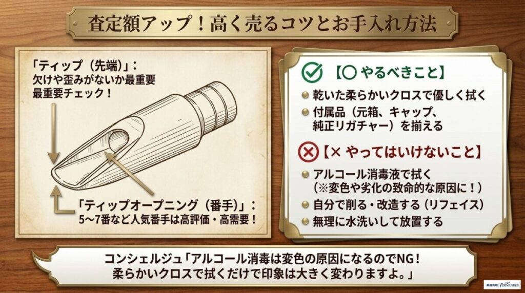 マウスピースを高く売る!査定額アップのコツとお手入れ方法 図解イラスト