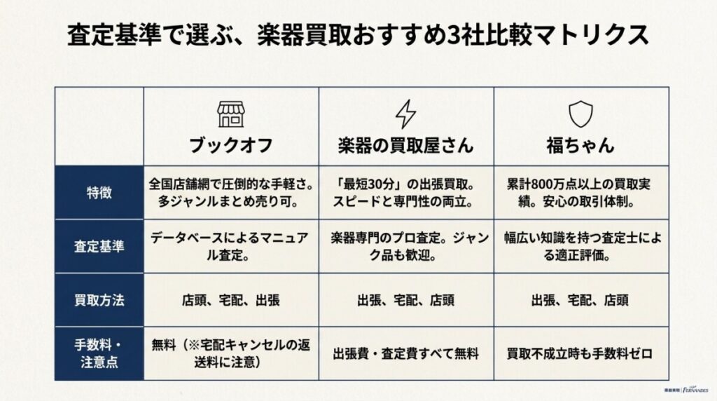ブックオフと専門業者はどっちがいい？査定基準がわかる楽器買取おすすめ3社比較の図解