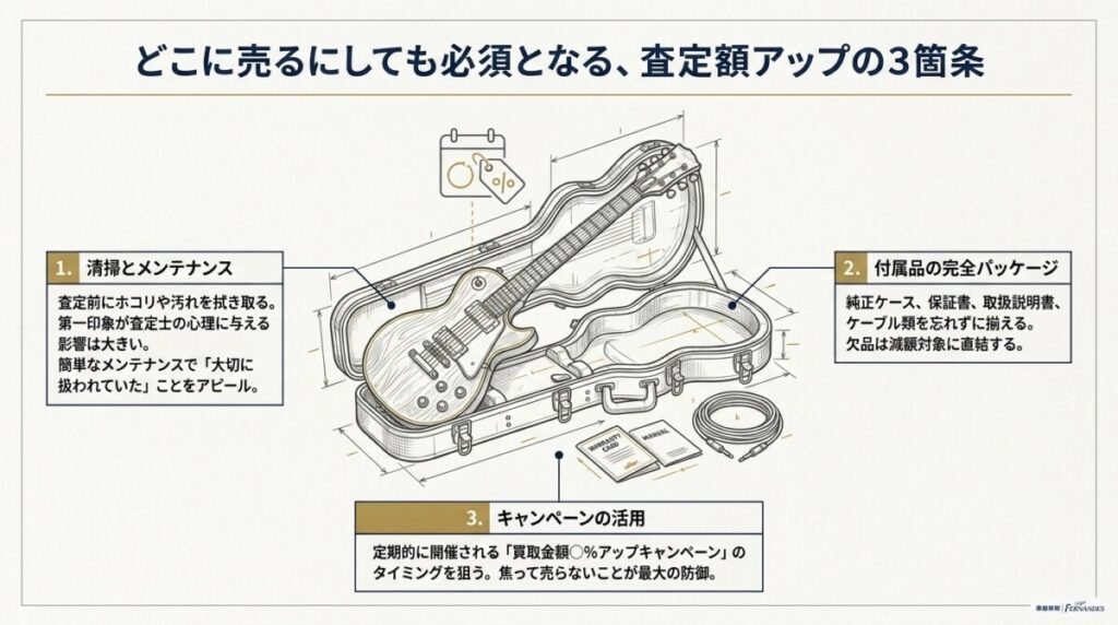 査定額を上げる！ブックオフの楽器買取で少しでも高く売る3つのコツの図解