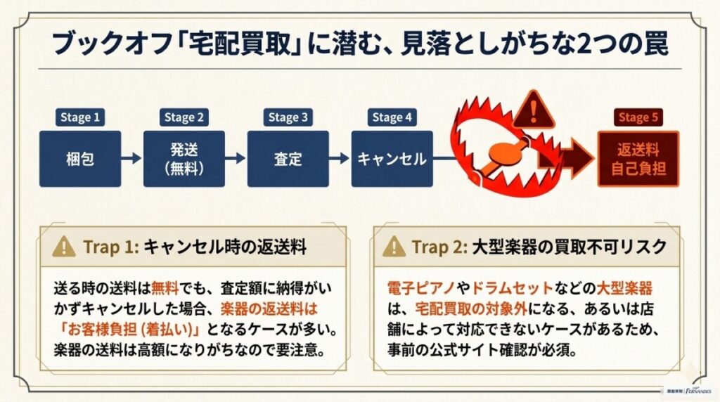 宅配買取の返送料に注意！ブックオフの楽器買取におけるデメリットの図解