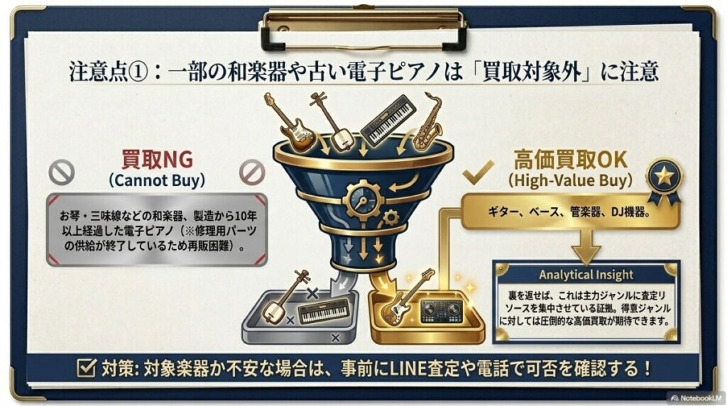 注意点1:和楽器や古い電子ピアノは買取不可になるケースがある?